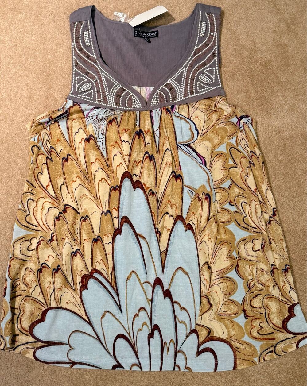 GreaterGood Boho Bead Tank Top 2XL Cotton Viscose Feather Floral Print Camisole